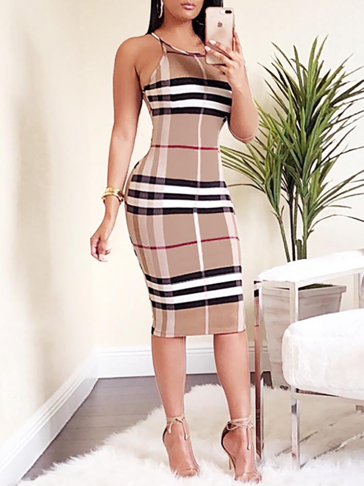 

Elegant Halter Plaid Sheath Midi Dress