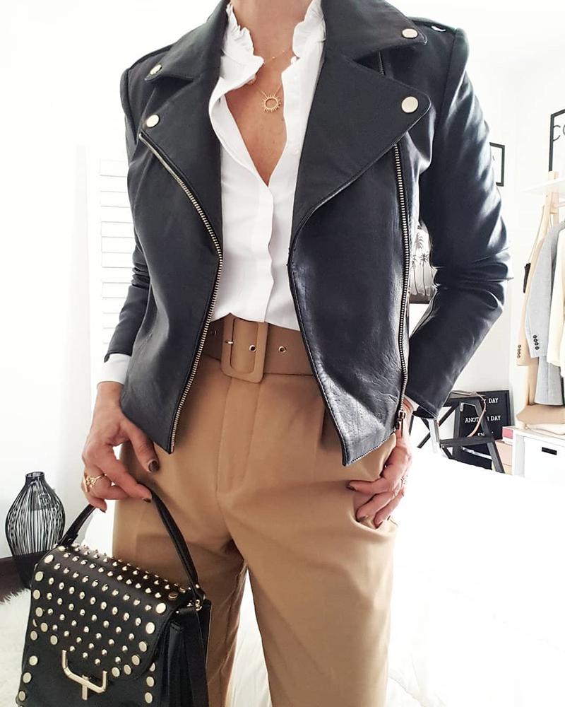 

Leather Zip Front Moto Jacket, Black