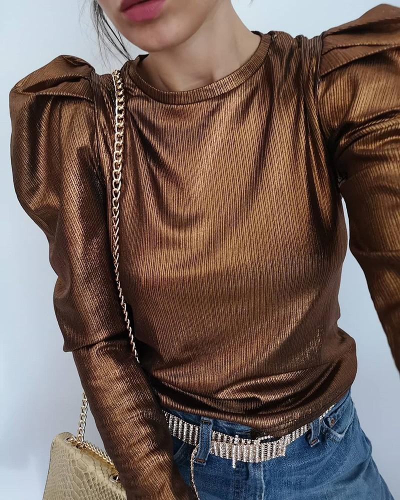 

Metallic Color Puff Sleeve Top, Brown