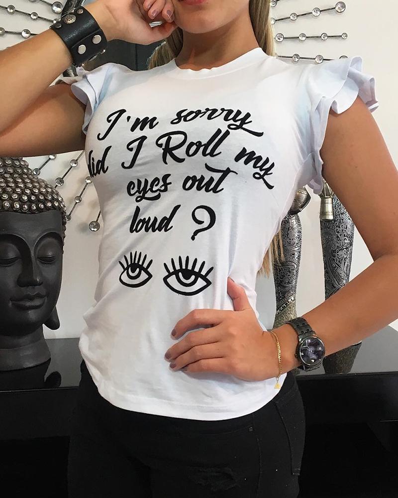 

Letter Eyes Print Ruffles Sleeve T-shirt, White