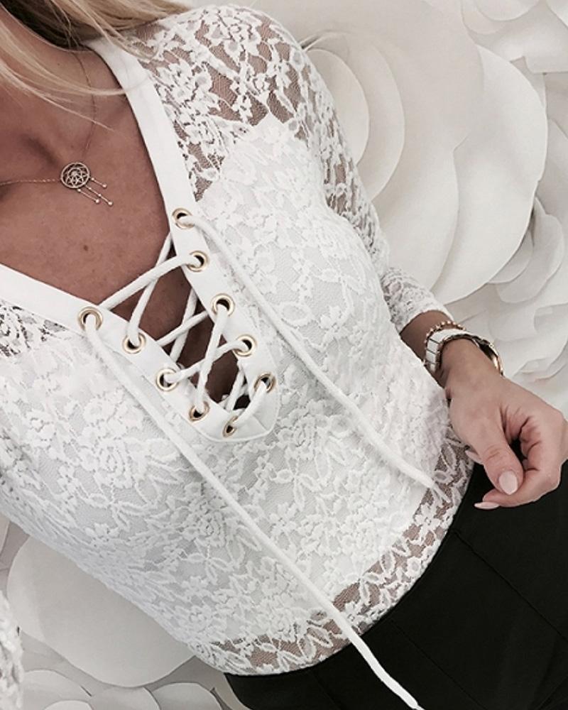 

Mesh Eyelet Lace-Up Long Sleeve Blouse, White