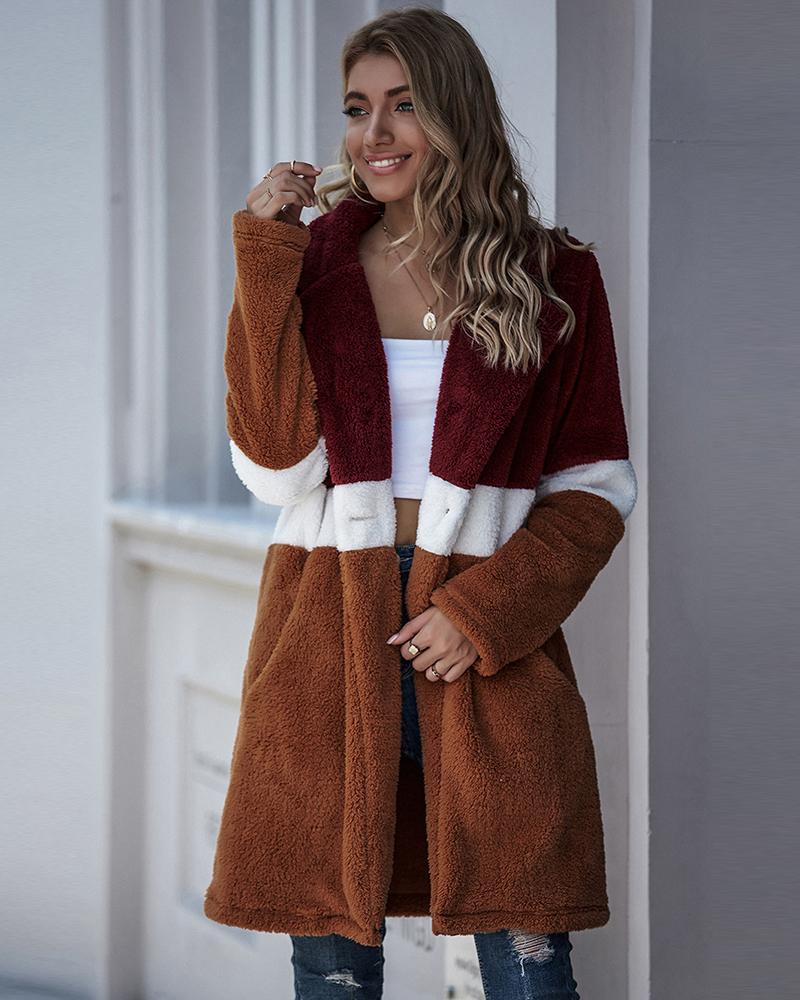 

Colorblock Pocket Design Teddy Coat, Coffee