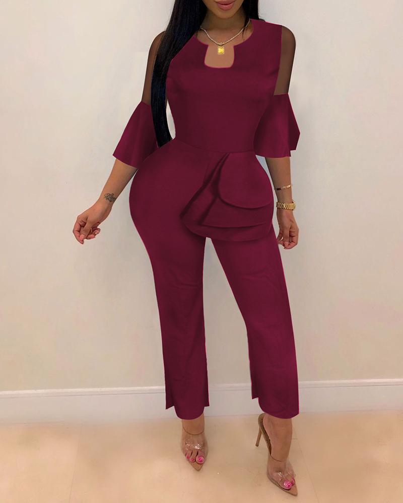 

Bell Cuff Sheer Mesh Insert Half Sleeve Ruffles Jumpsuit, Wine red