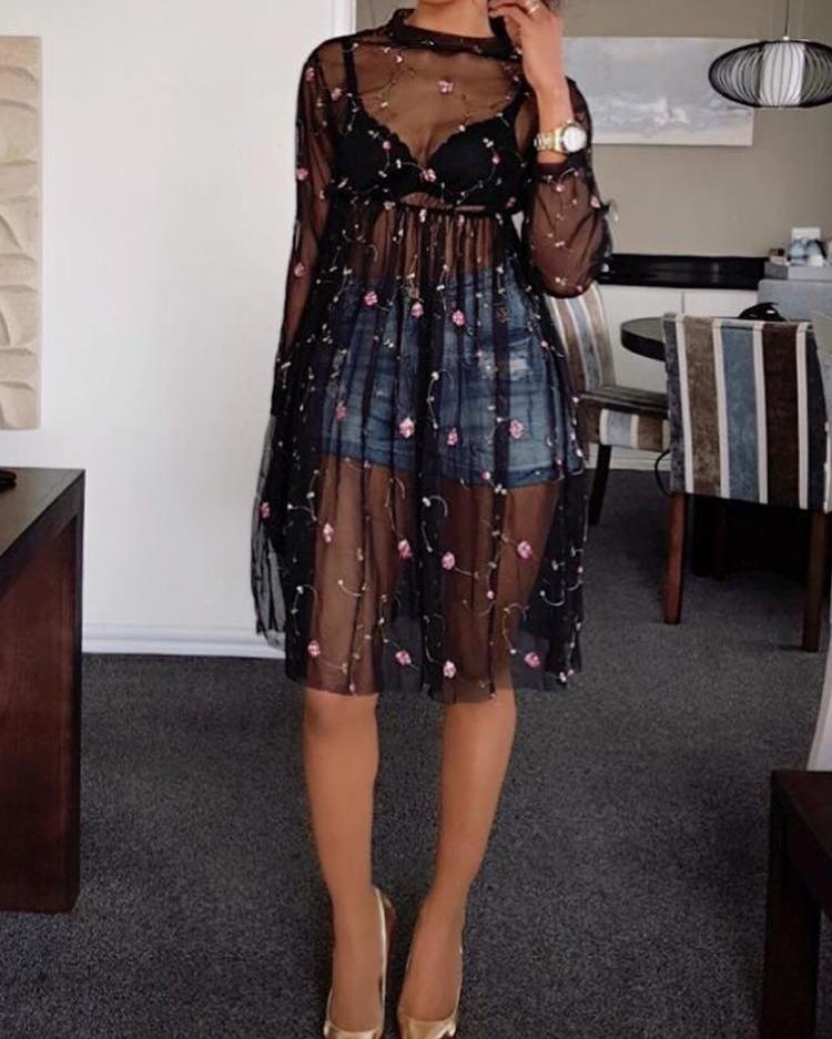 

Sheer Mesh Embroidered Cover Up Dress, White;black