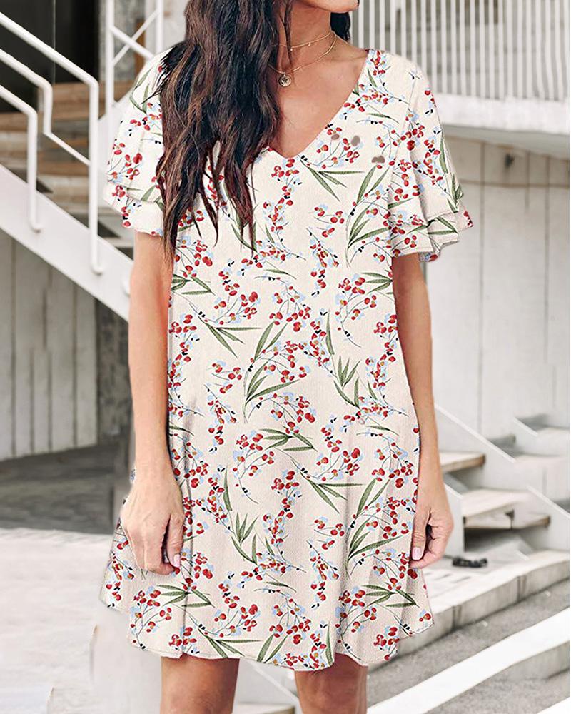 

V-neck Floral Leaf Print Dress, Apricot