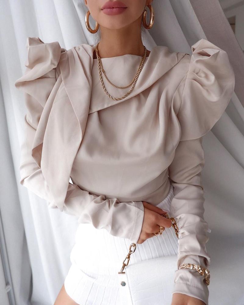 

Puff Sleeve Solid Drape Blouse