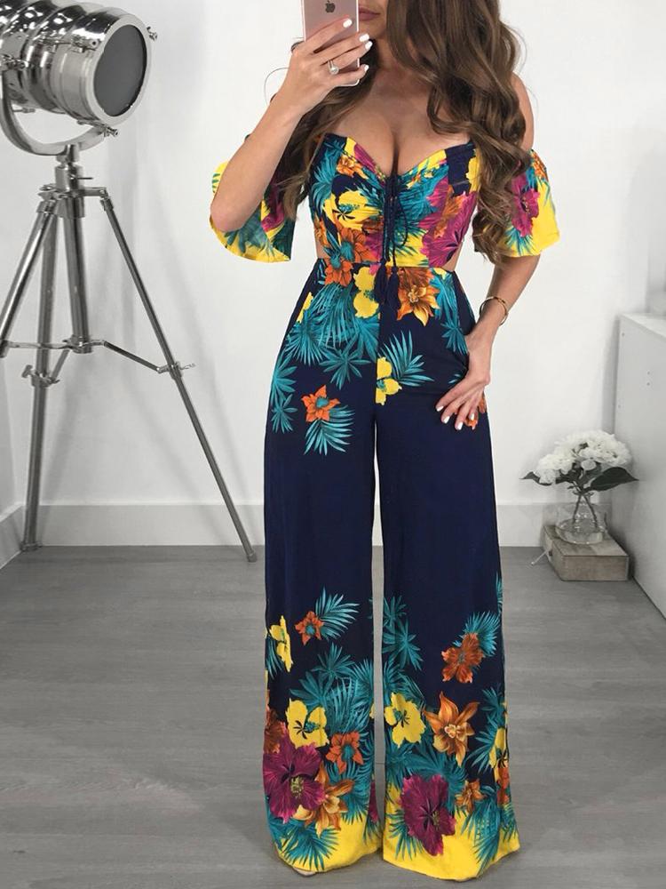 

Floral Sweetheart Cutout Waist Wide Leg Jumpsuit, Dark blue