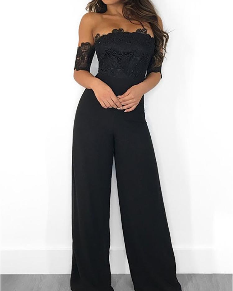 

Lace Splicing Off Shoulder Wide Leg Jumpsuits, Black