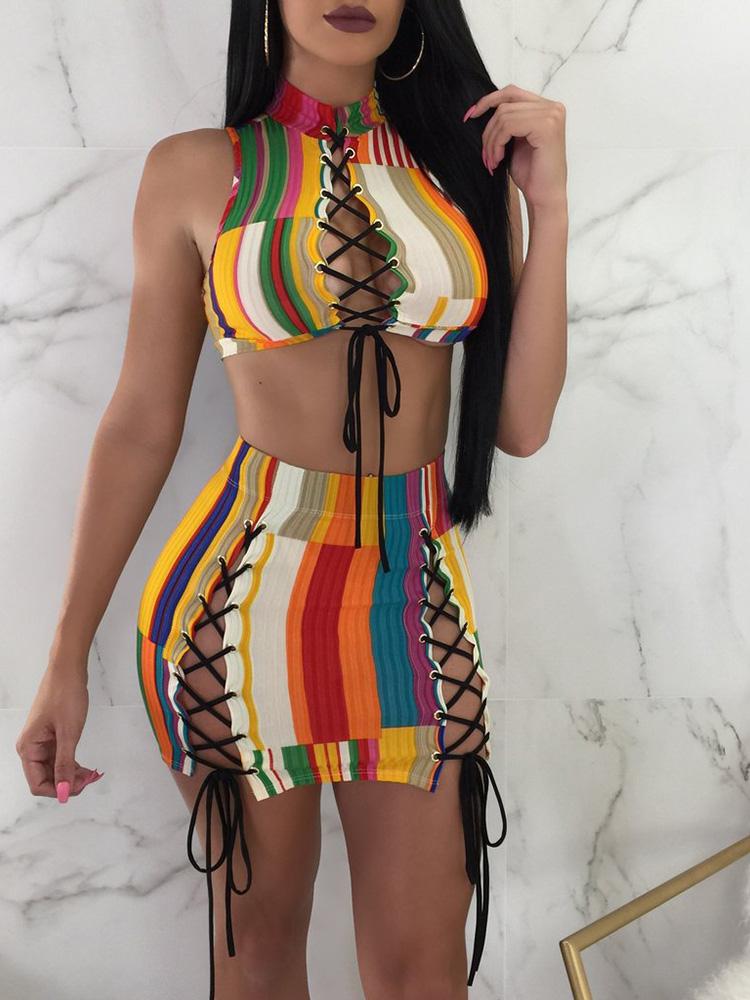 

Lace-Up Colorful Striped Crop Top & Mini Skirt Sets