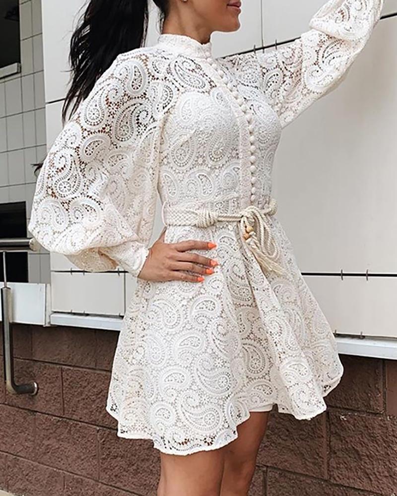 

Paisley Lace Lantern Sleeve Skater Dress, White