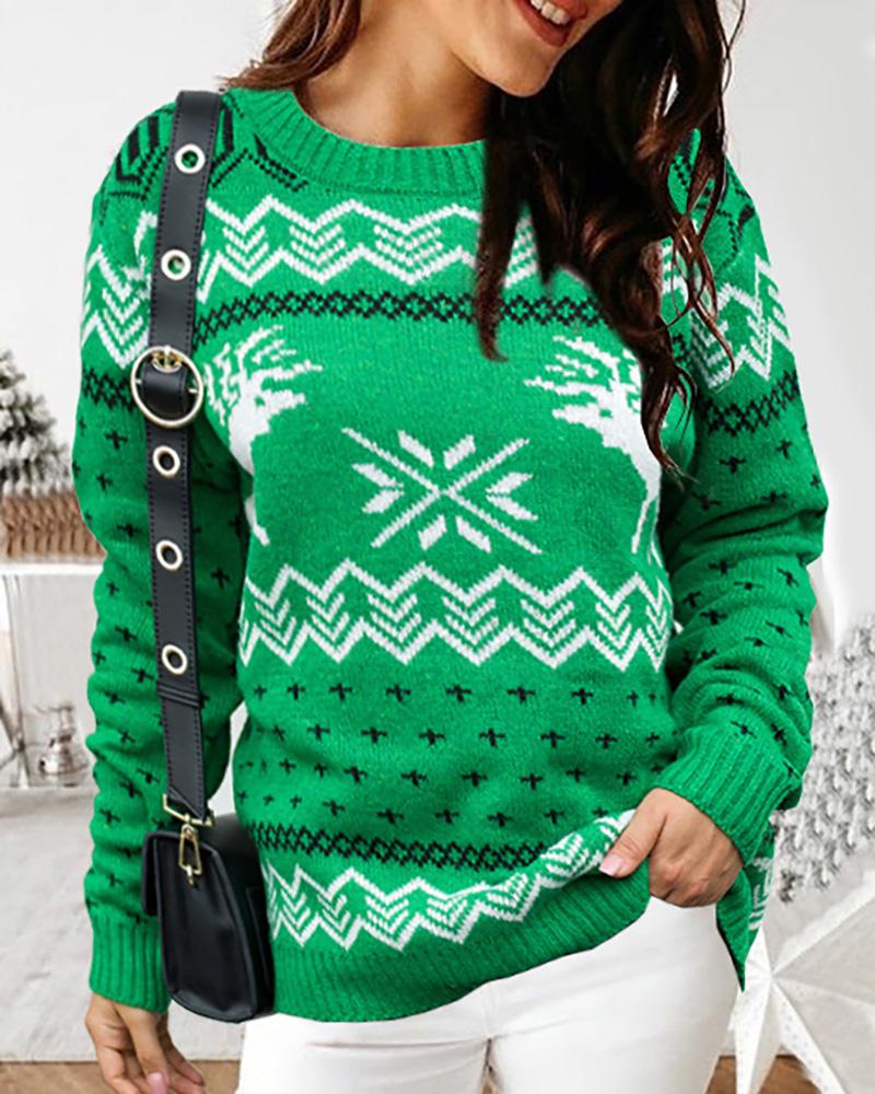 

Christmas Moose Print Colorblock Knit Ugly Sweater, Green