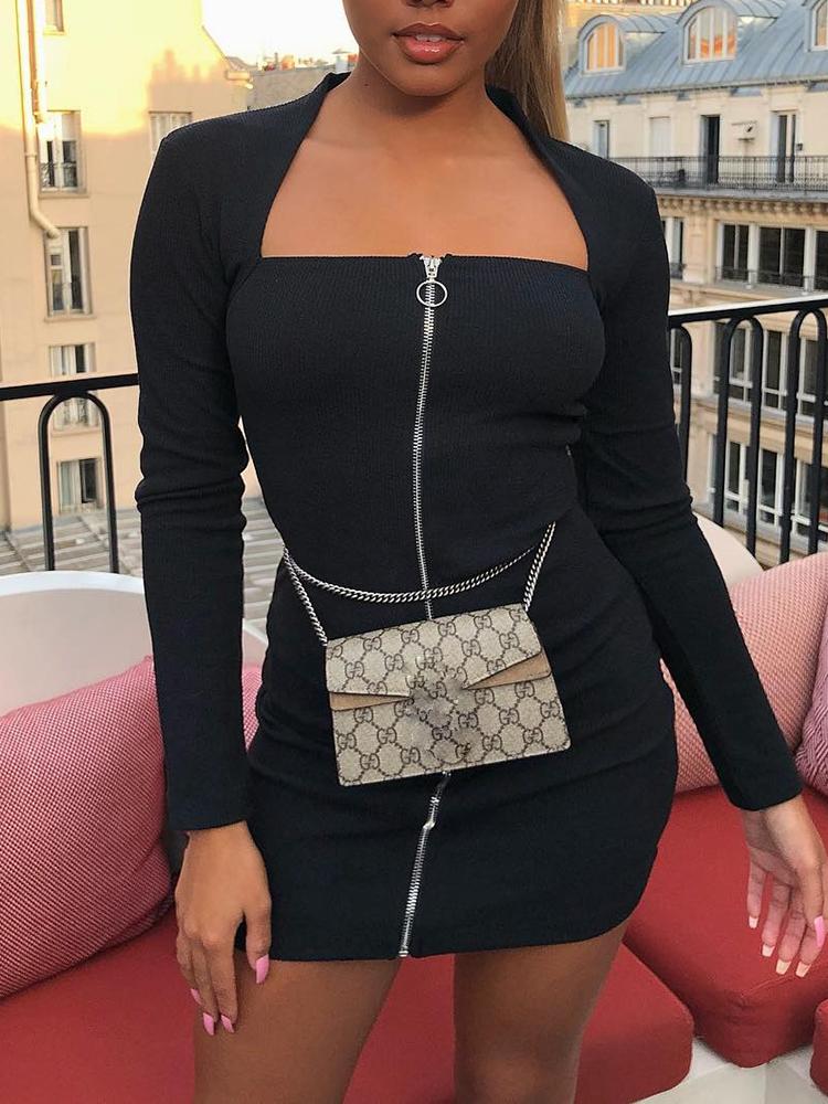 

Solid Zipper Up Bodycon Mini Dress, Black