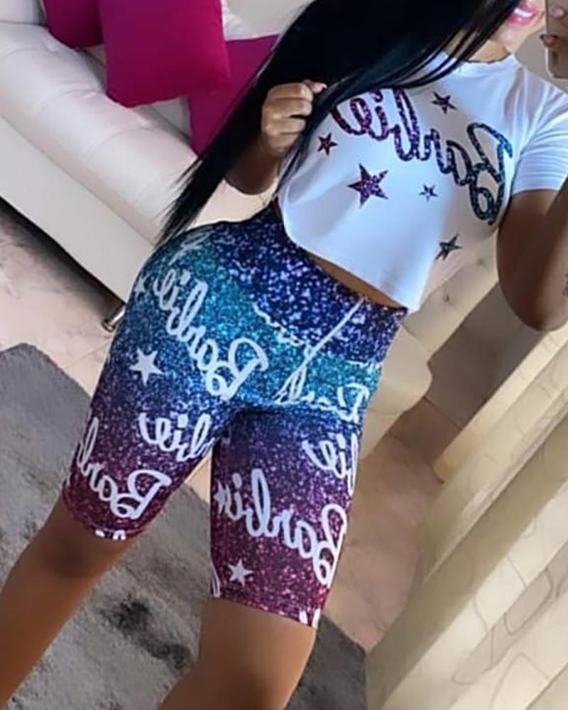 

Letter Star Print Top & Colorblock Drawstring Shorts Set, Multicolor