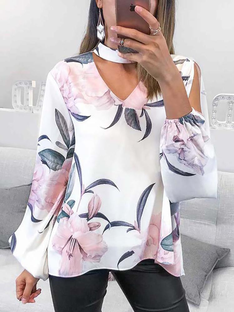 

Floral Print Choker Slit Sleeve Casual Blouse