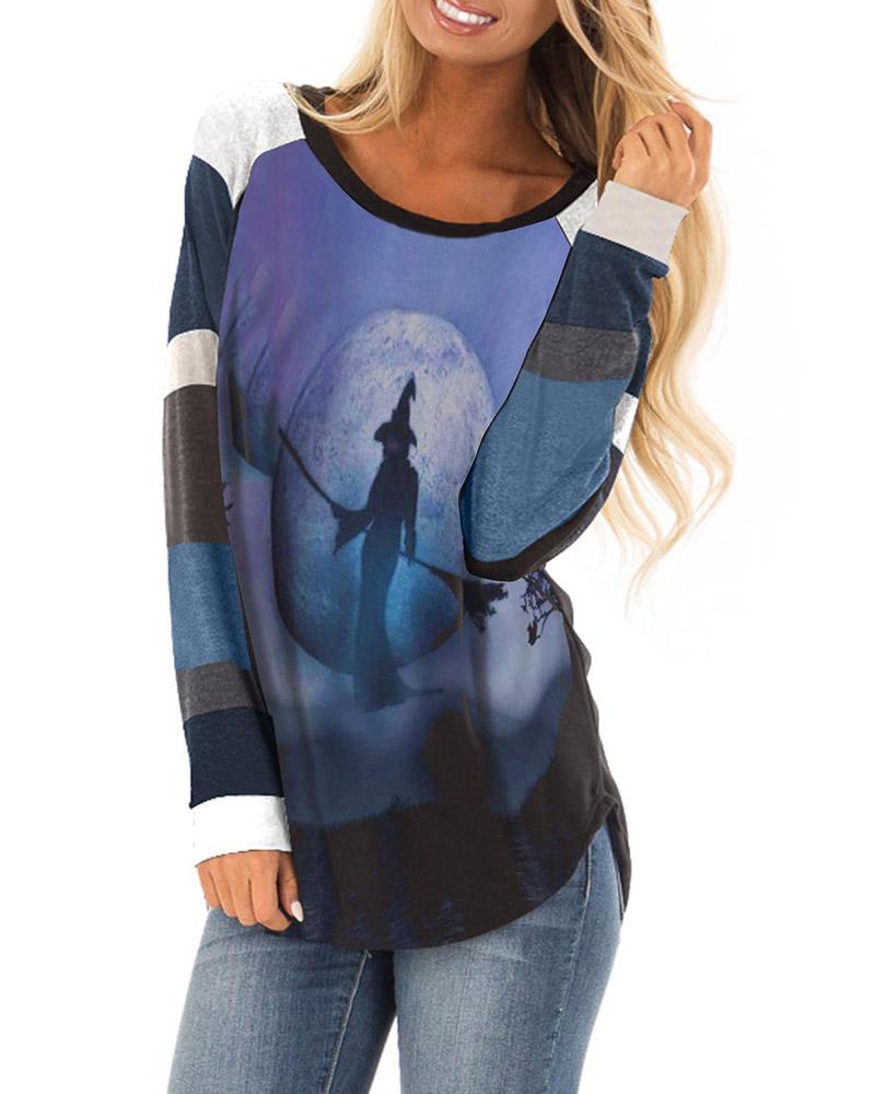 

Halloween Pumpkin Face Print Long Sleeve Top, Blue