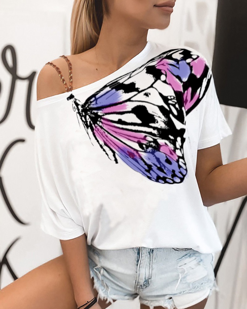 

Butterfly Print Chain Strap Casual T-shirt, White