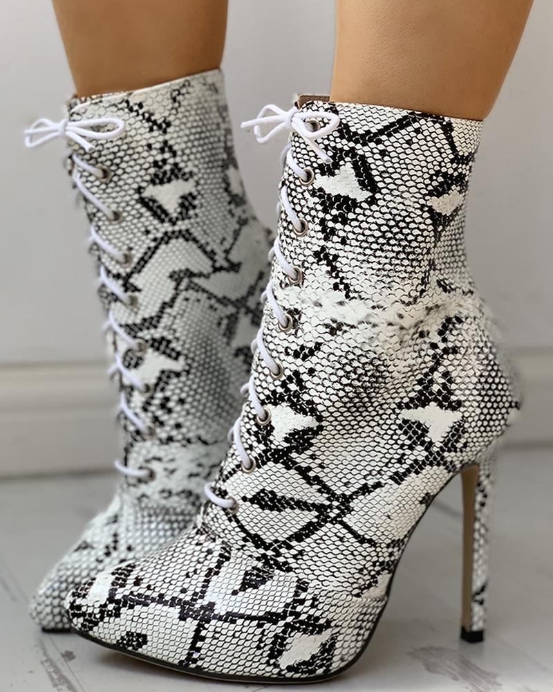 

Snakeskin Print PU Pointed Toe Thin Heeled Boots