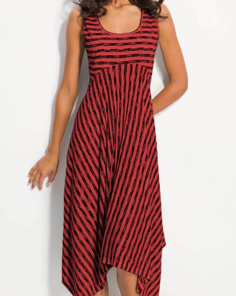 

Striped Print Asymmetrical Hem Casual Dress, Red