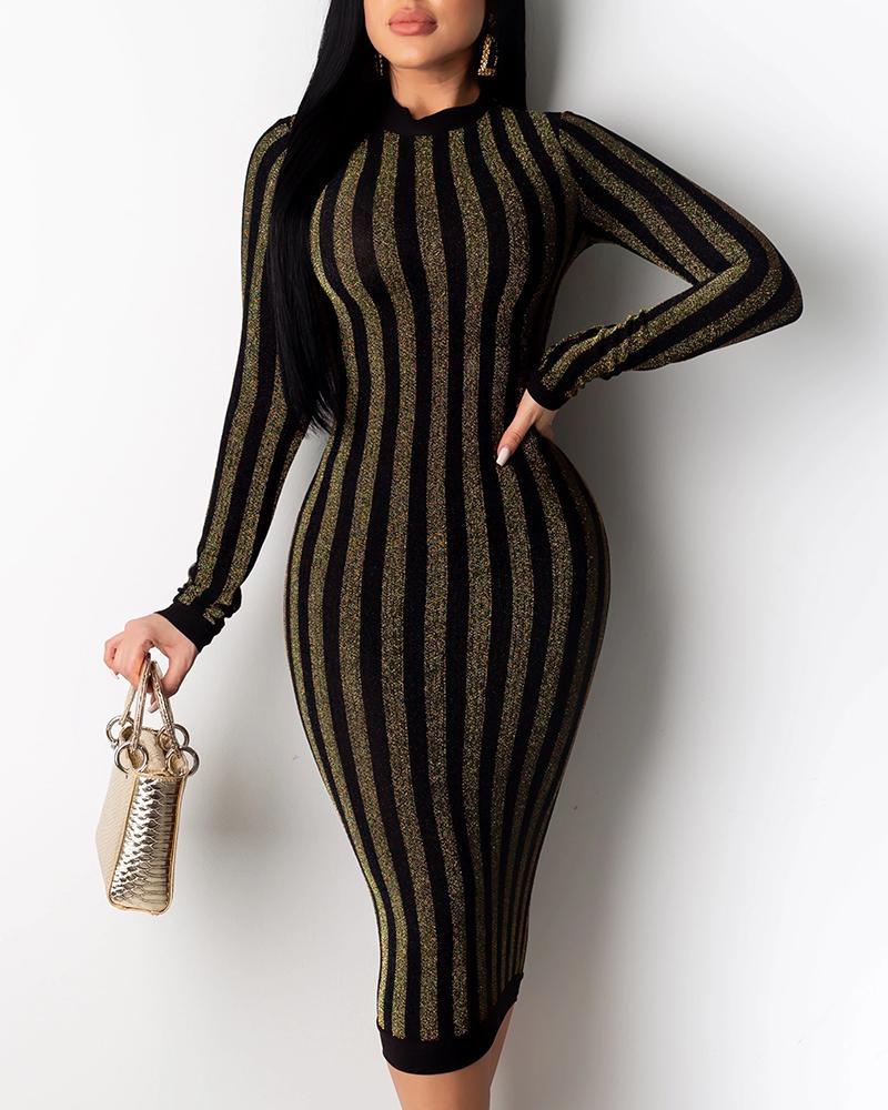 

Glitter Striped Long Sleeve Midi Dress, Brown