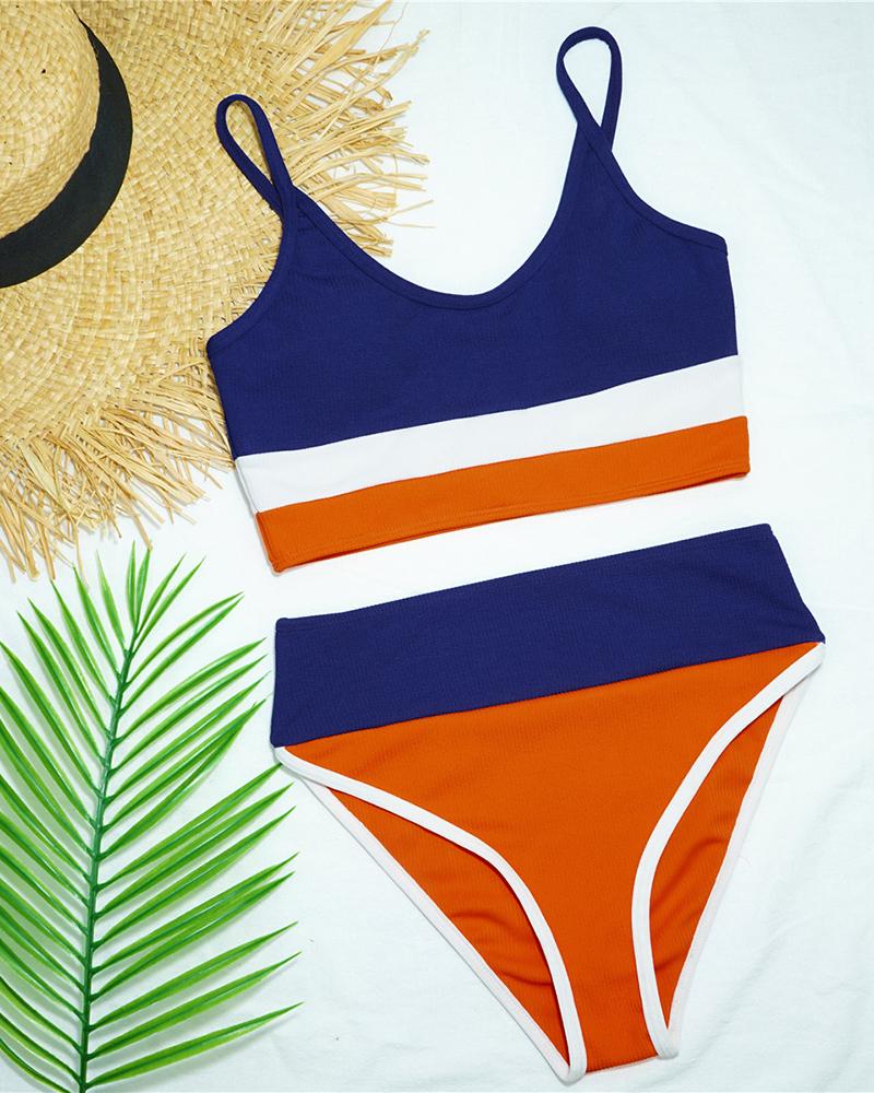 

Colorblock Ribbed Spaghetti Strap Bikini Set, Blue
