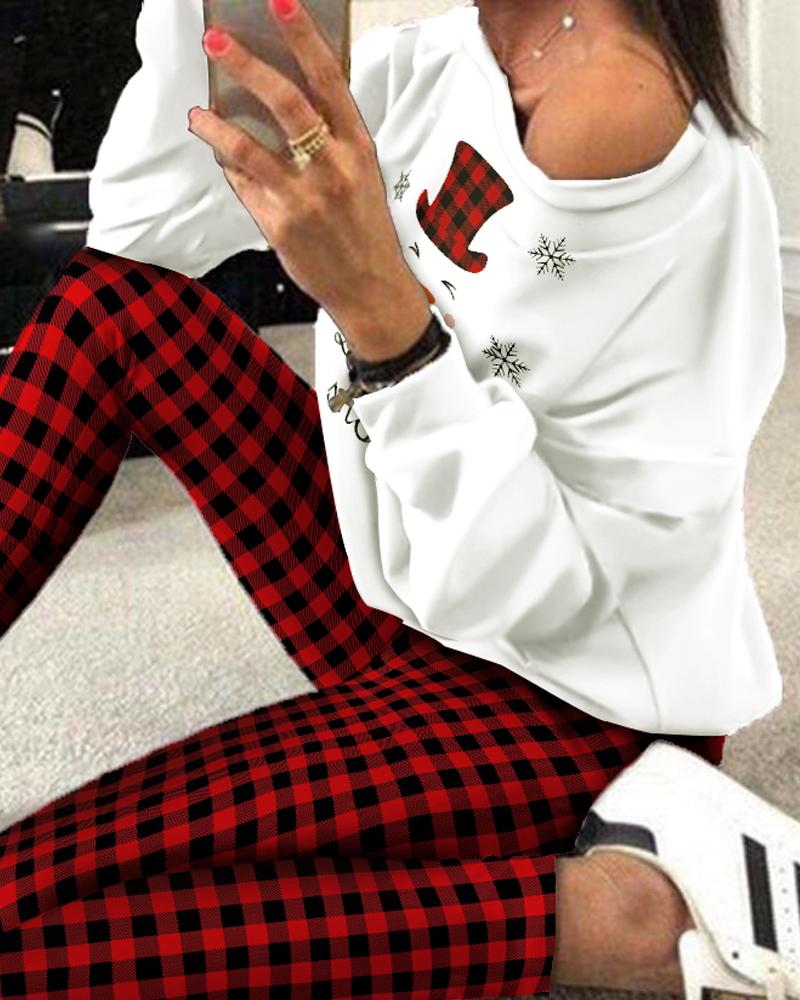 

Christmas Print Top & Plaid Pants Set, Red