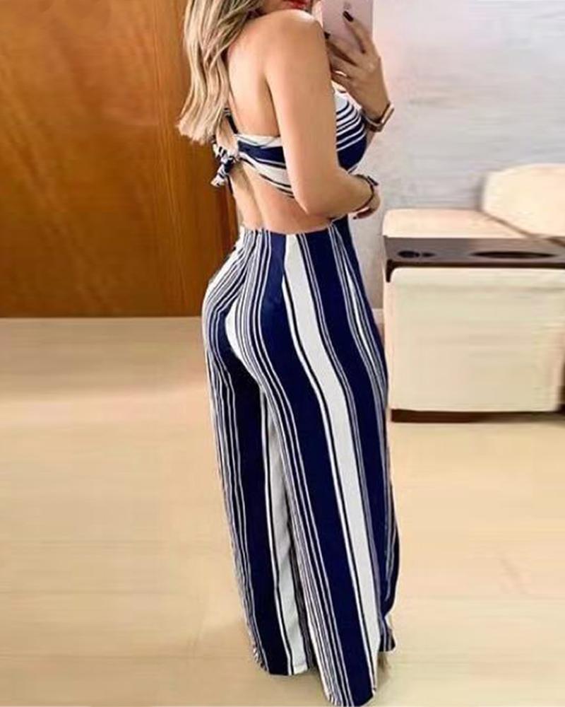 

Blue Striped Sleeveless Wide-leg Jumpsuit