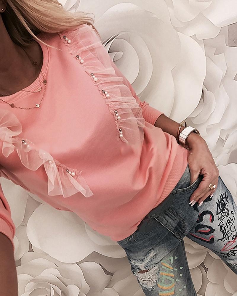 

Beads Embellished Mesh Casual Blouse, Pink