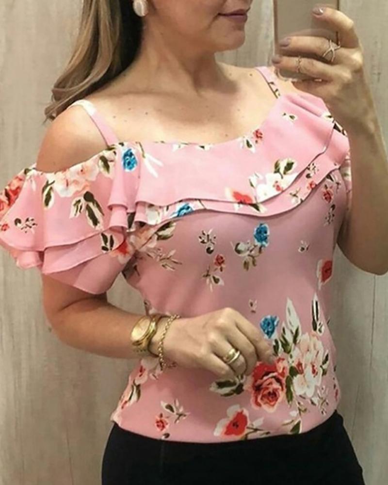 

Floral Print Ruffled Cold Shoulder Tops, Pink