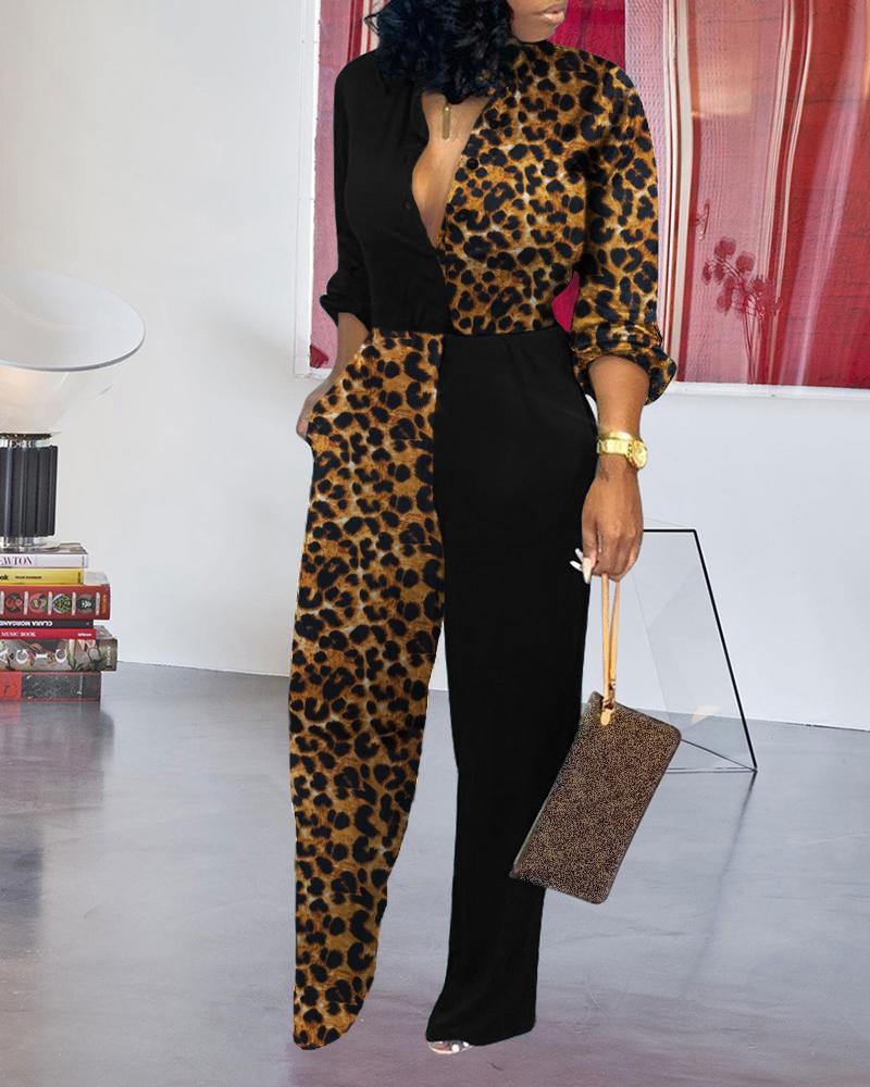 

Colorblock Insert Leopard Jumpsuit, Black