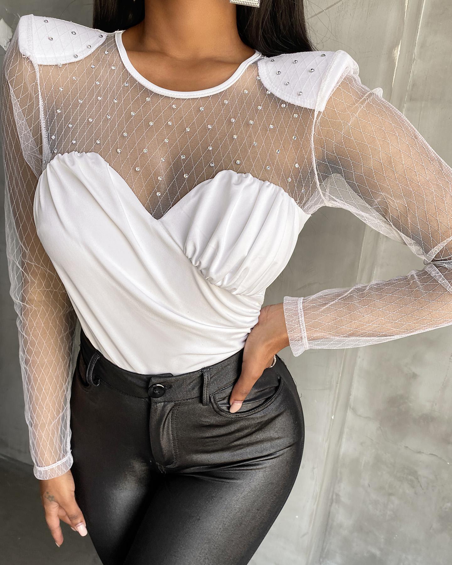 

Studded Sheer Mesh Ruched Top, White