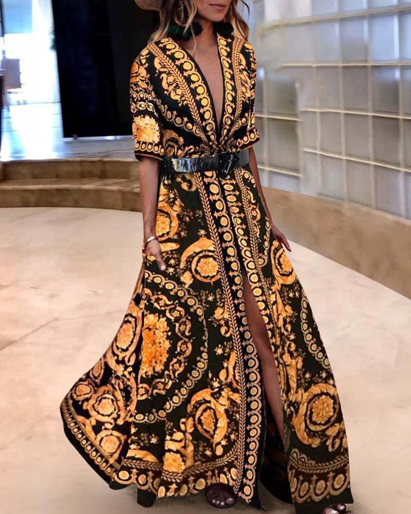

Baroque Print Maxi Dress, Gold