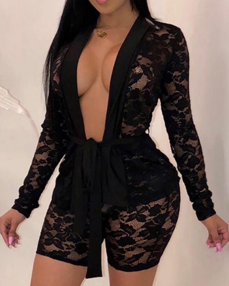 

Open Front Sheer Lace Cardigan & Short Sets, Black