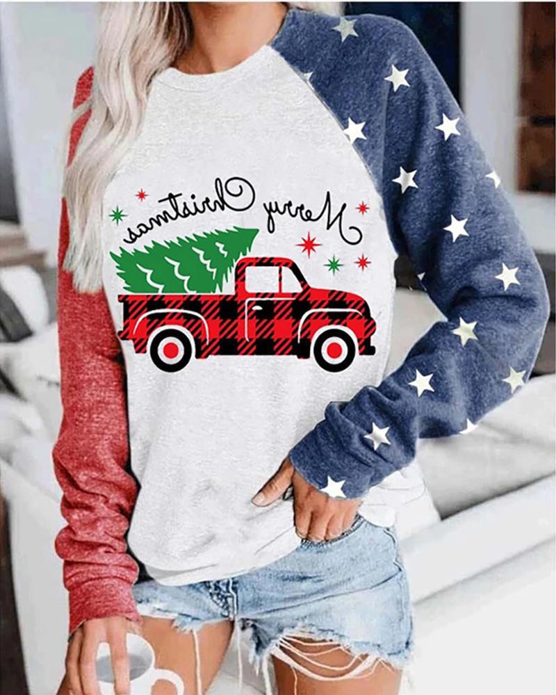 

Christmas Letter Tree Print Colorblock Top, White