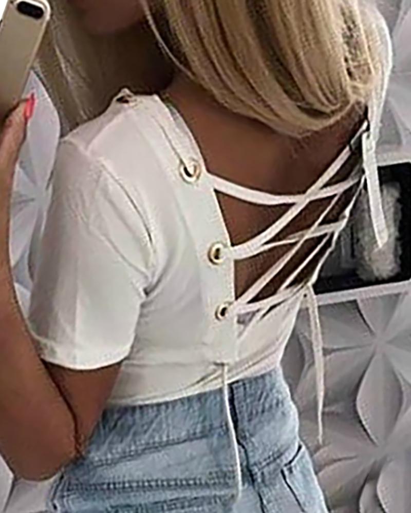 

Eyelet Lace-Up Back Short Sleeve T-Shirt