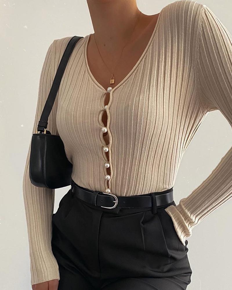 

Long Sleeve Beaded Button Design Solid Top, Beige