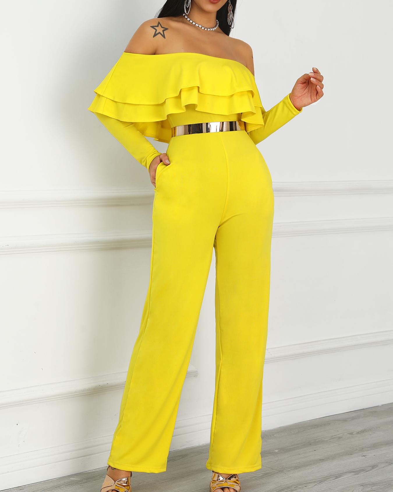 

Off Shoulder Layered Ruffles Jumpsuit, Yellow