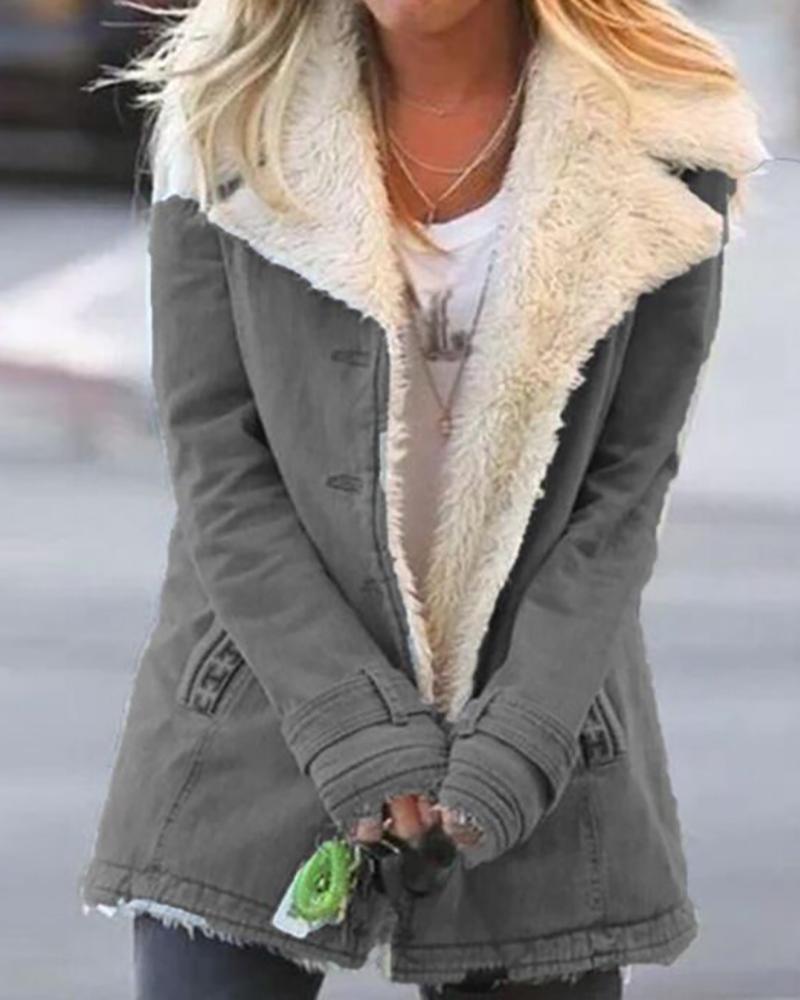 

Button Pocket Design Fluffy Super Thick Denim Coat, Gray