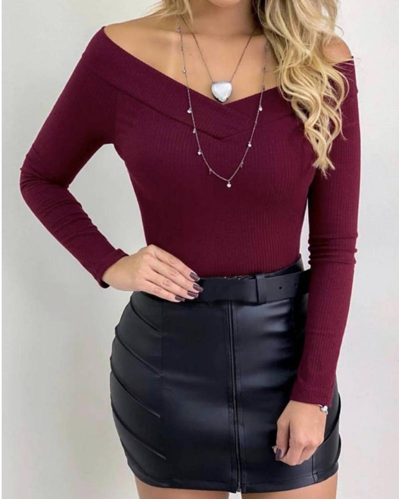 

V Neck Ribbed Long Sleeve Bodysuit, Wine red