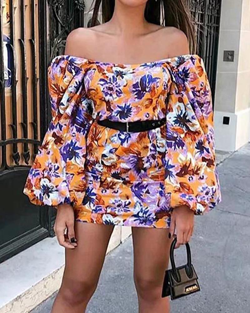 

Off Shoulder Bishop Sleeve Print Mini Dress, Orange