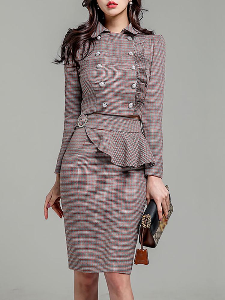 

Grid Ruffles Button Design Top & Slinky Skirt Sets