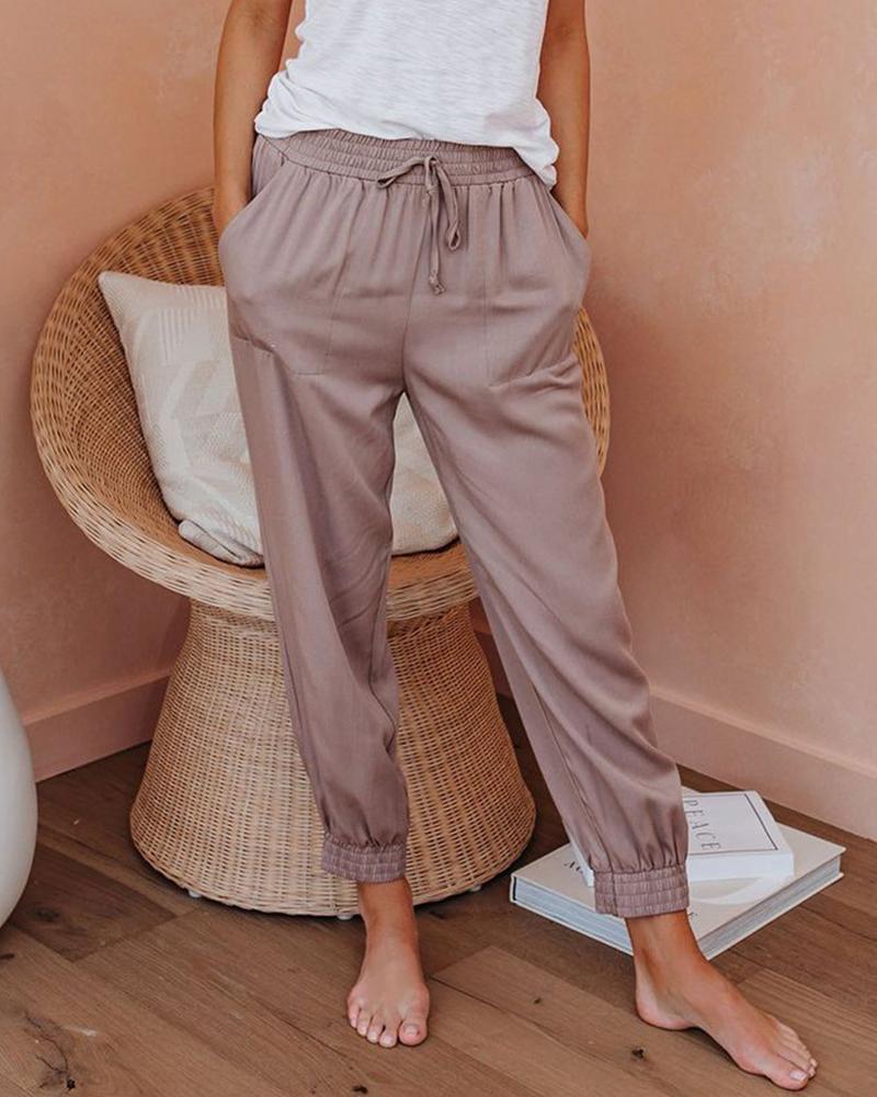 

Solid Pockets Design Drawstring Pants, Khaki