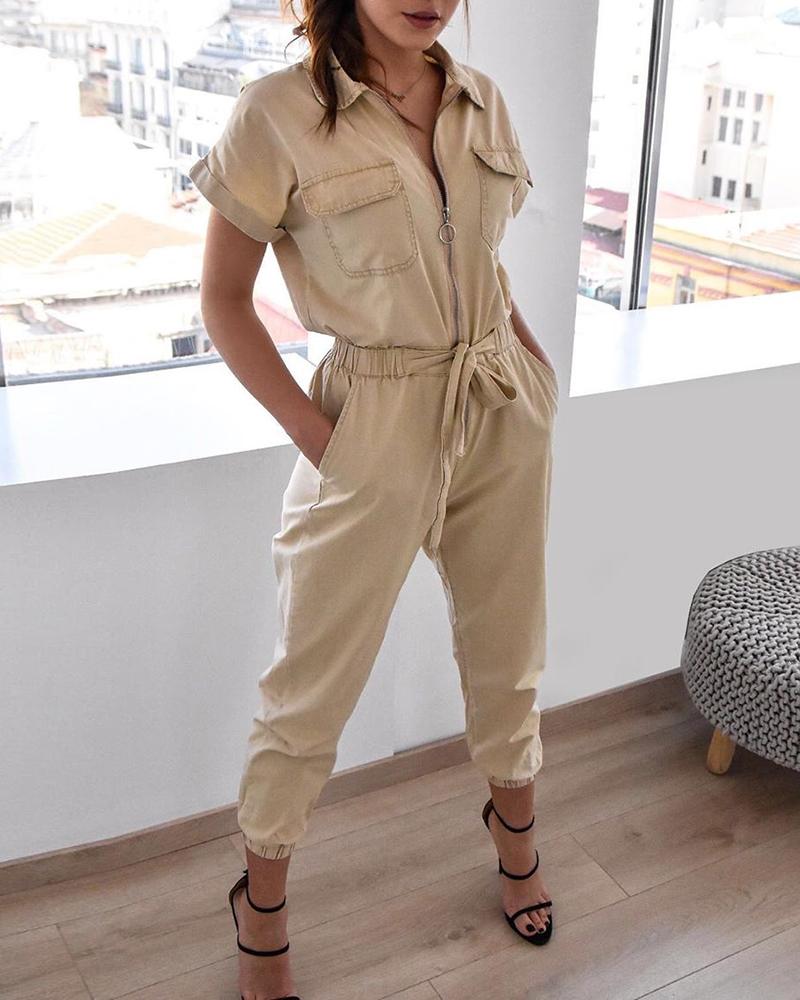 

Solid Short Sleeve Pocket Zipper Design Jumpsuit, Beige