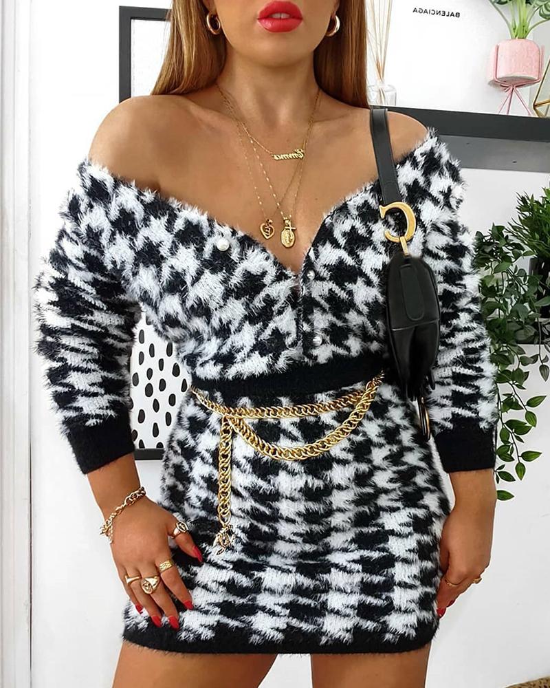

Houndstooth Off Shoulder Fluffy Top & Skirt Sets