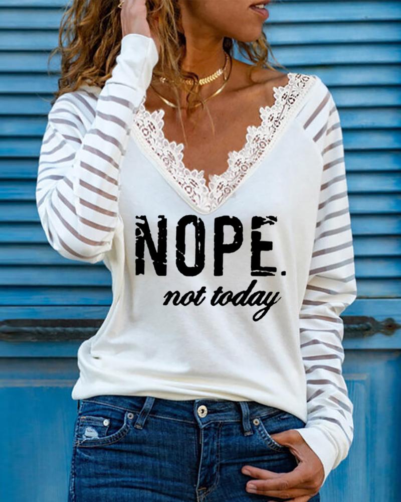 

Letter Print Lace Trim Sheer Mesh Top, White