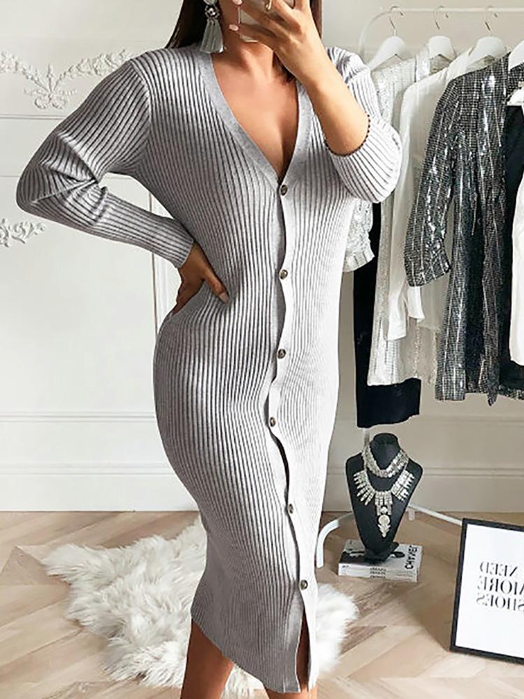 

Solid Button Up Long Sleeve Sweater Dress