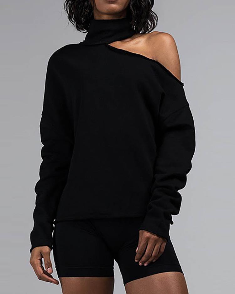 

High Neck Cut Out Shoulder Sweatshirt, Black