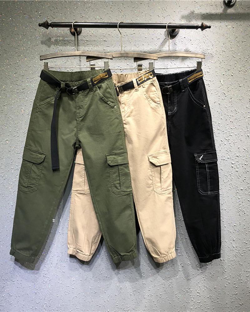 

Plain High Waist Casual Cargo Pants, Army green