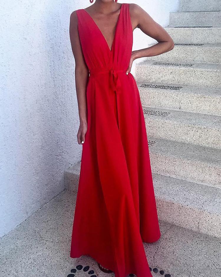 

Solid Plunge Tied Waist Wide Leg Jumpsuit, Red