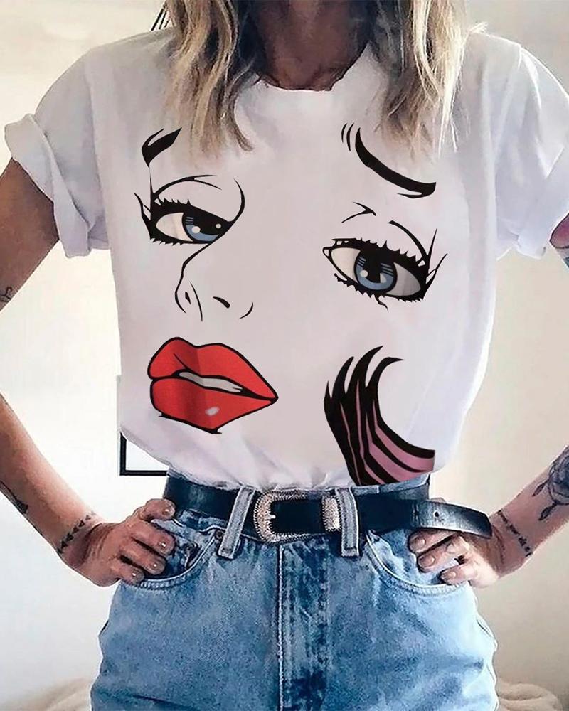 

Figure Print Short Sleeve Casual T-shirt, White