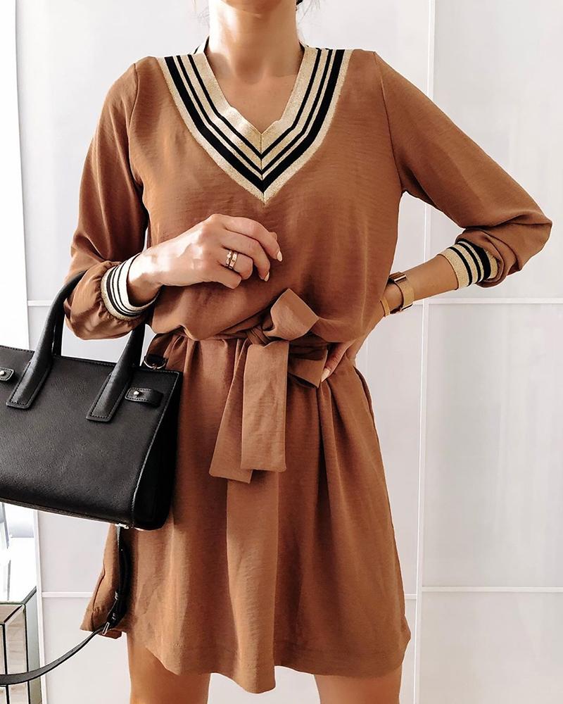 

Striped Patchwork Long Sleeve Belted Dress